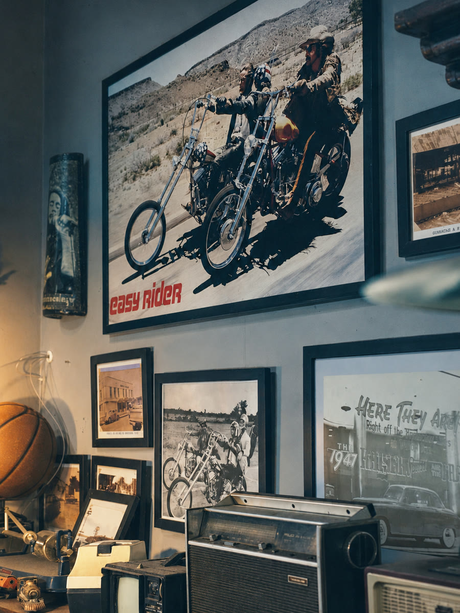Pôster do Easy Rider na parede, com rádios antigos e porta-retratos na bancada